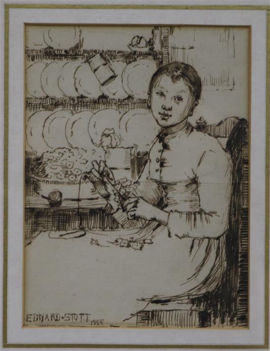 Edward Stott (1855-1918), pen and ink, Interior with woman sewing, signed and dated 1885, 16 x 12cm.
